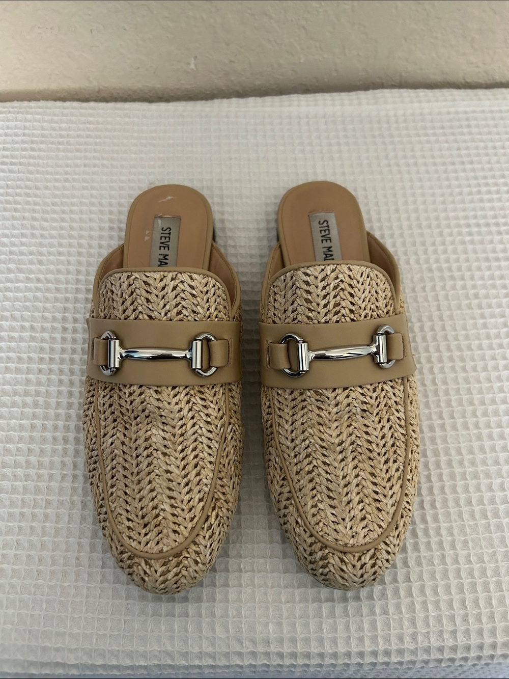 Steve Madden Beige Woven Mule Loafers with Silver Horsebit